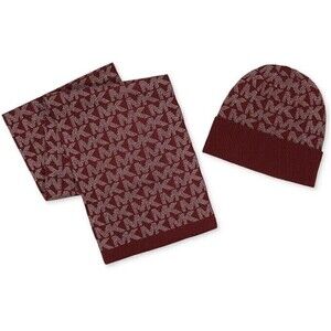 Michael Kors Logo Shine Gift Box Set 2 Pieces Hat Beanie Scarf Maroon One Size